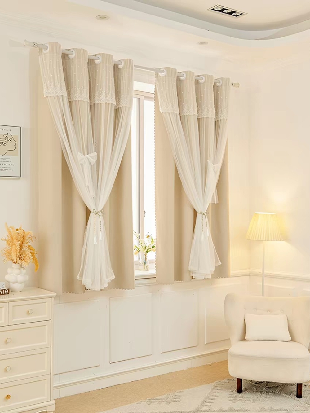 Elegant Cream Layered Sheer and Solid Curtains - Home Accents
